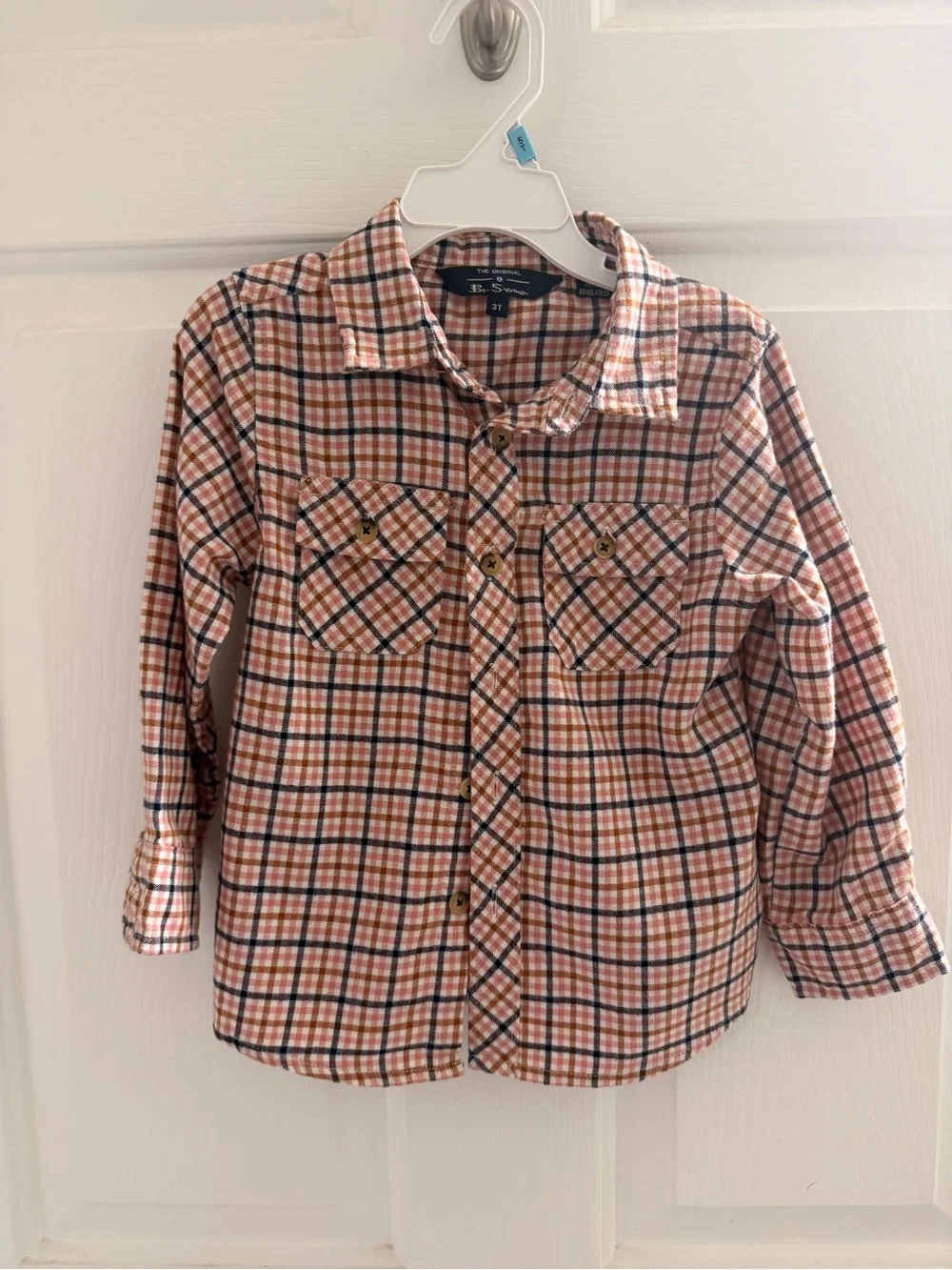 Ben Sherman Peach, White & Black Plaid Button-Down Shirt for Kids